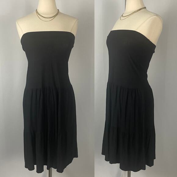 Boho Midi Dress Size Large Black Solid Strapless Tiered Broomstick Fairy Grunge - Picture 14 of 14